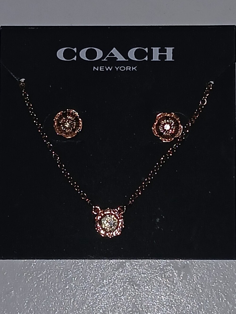 COACH Rose Gold Floral Necklace and Stud Earrings Set